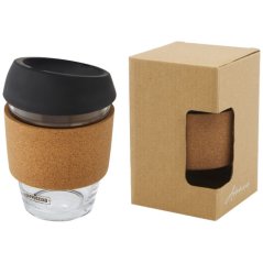 Kelímek o objemu 360 ml z borosilikátového skla s korkovým obalem a silikonovým víčkem Lidan